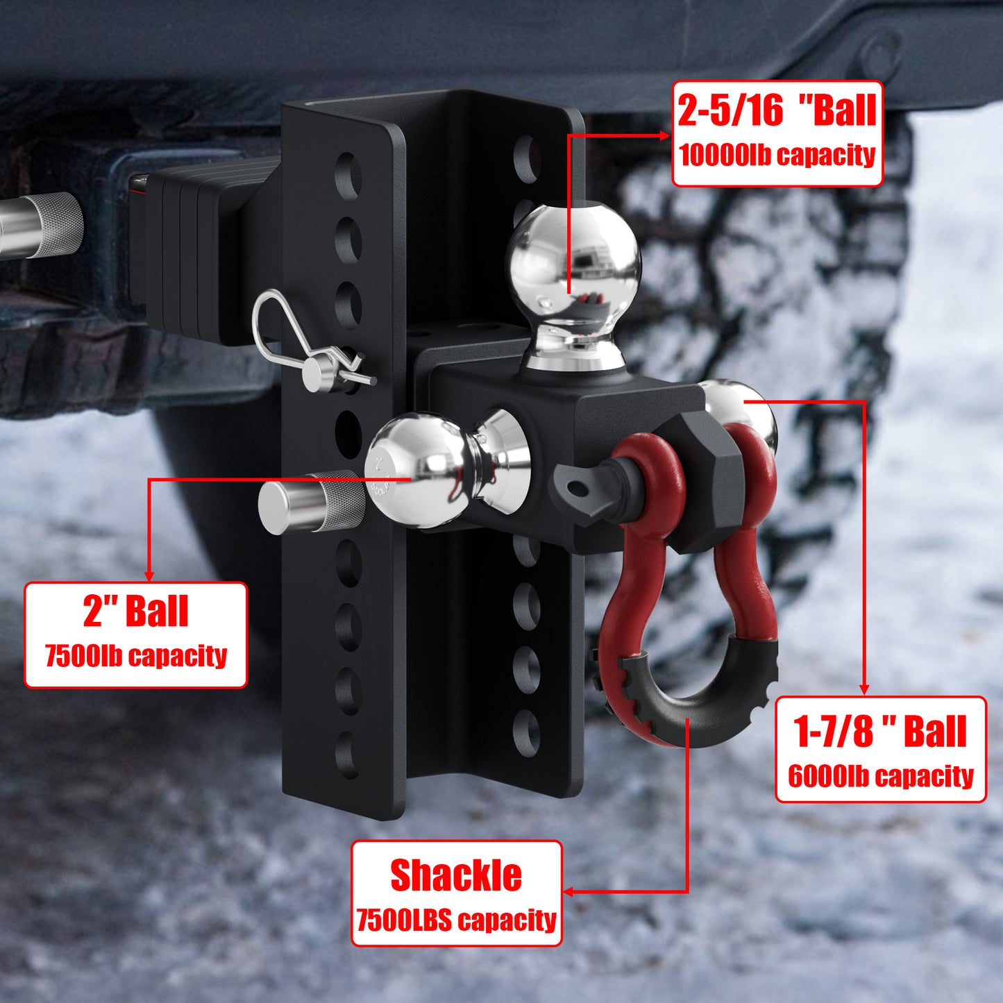 TYT Adjustable Heavy-Duty Trailer Hitch with Locks, Pins & Swivel Shackle, Fits 2" Receiver,1-7/8", 2", & 2-5/16" Balls, 10,000 lbs GTW - TYT4WD
