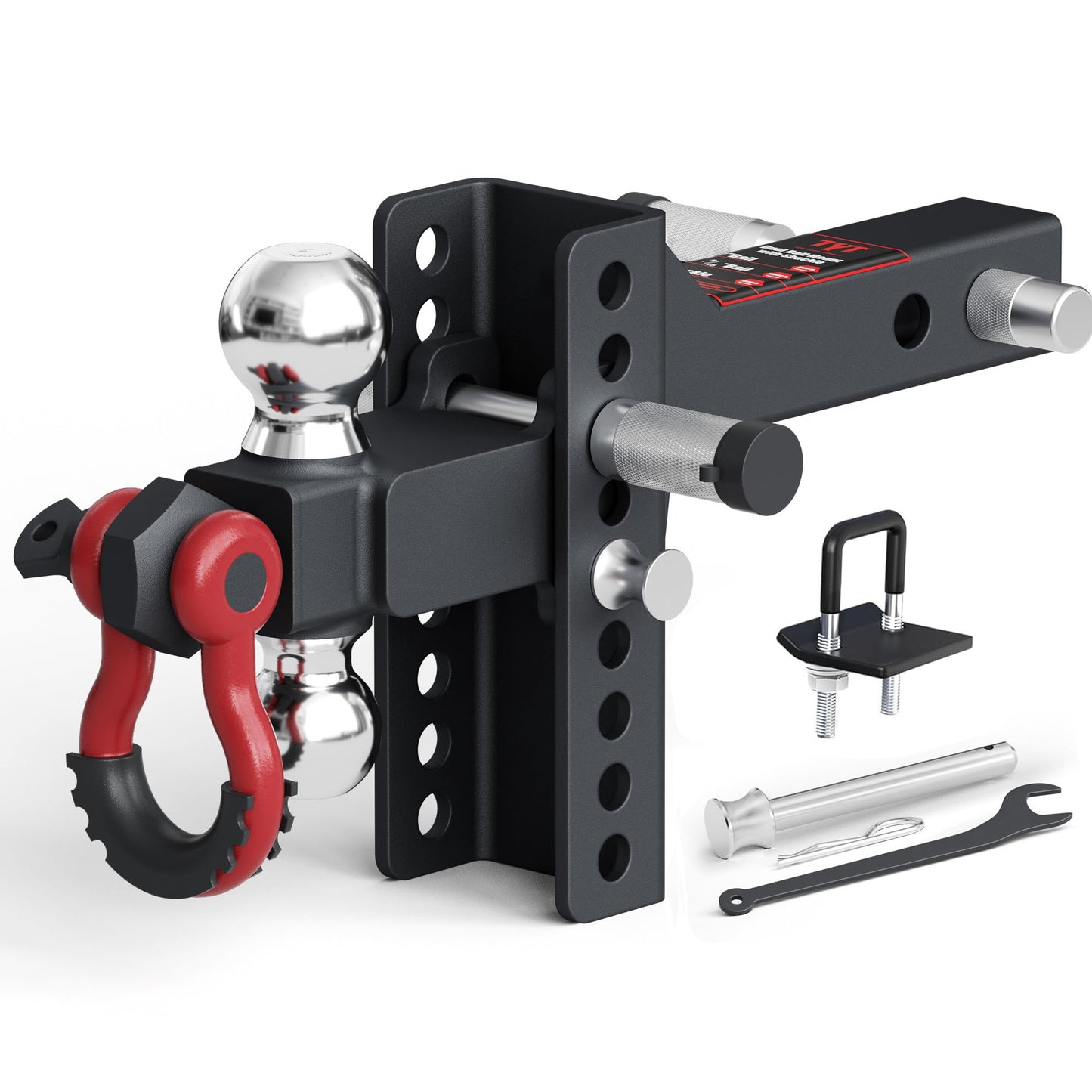 TYT Adjustable Tri-Ball Trailer Hitch for 2 inch Receiver, 4.5" Drop/Rise, Triple Balls (1-7/8", 2", 2-5/16") with Tow Hook & Shackle, 10,000 lbs GTW, 1,000 lbs TW, Pin Lock & Hitch Tightener - TYT4WD