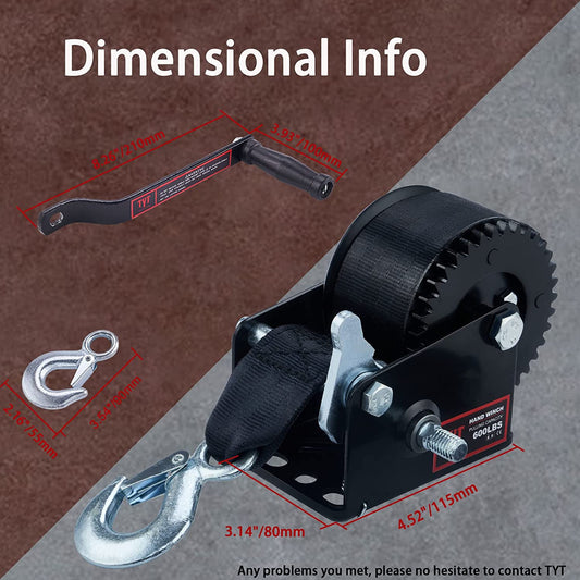TYT 600LB Boat Trailer Winch with Black Polyster Strap, Anti-Slip Handle Crank Gear Hand Winch, Portable Two-Way Ratchet Forward & Backward Manual Rope Winch for ATV UTV Jet Ski Trailer Small Winch - TYT4WD