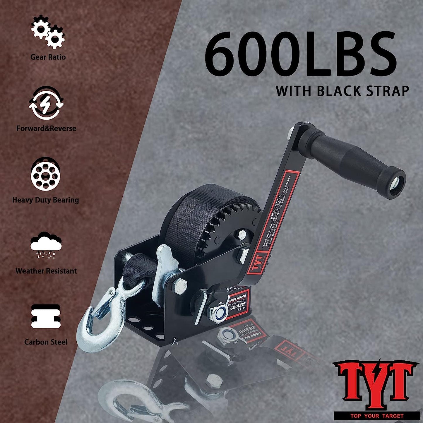 TYT 600LB Boat Trailer Winch with Black Polyster Strap, Anti-Slip Handle Crank Gear Hand Winch, Portable Two-Way Ratchet Forward & Backward Manual Rope Winch for ATV UTV Jet Ski Trailer Small Winch - TYT4WD