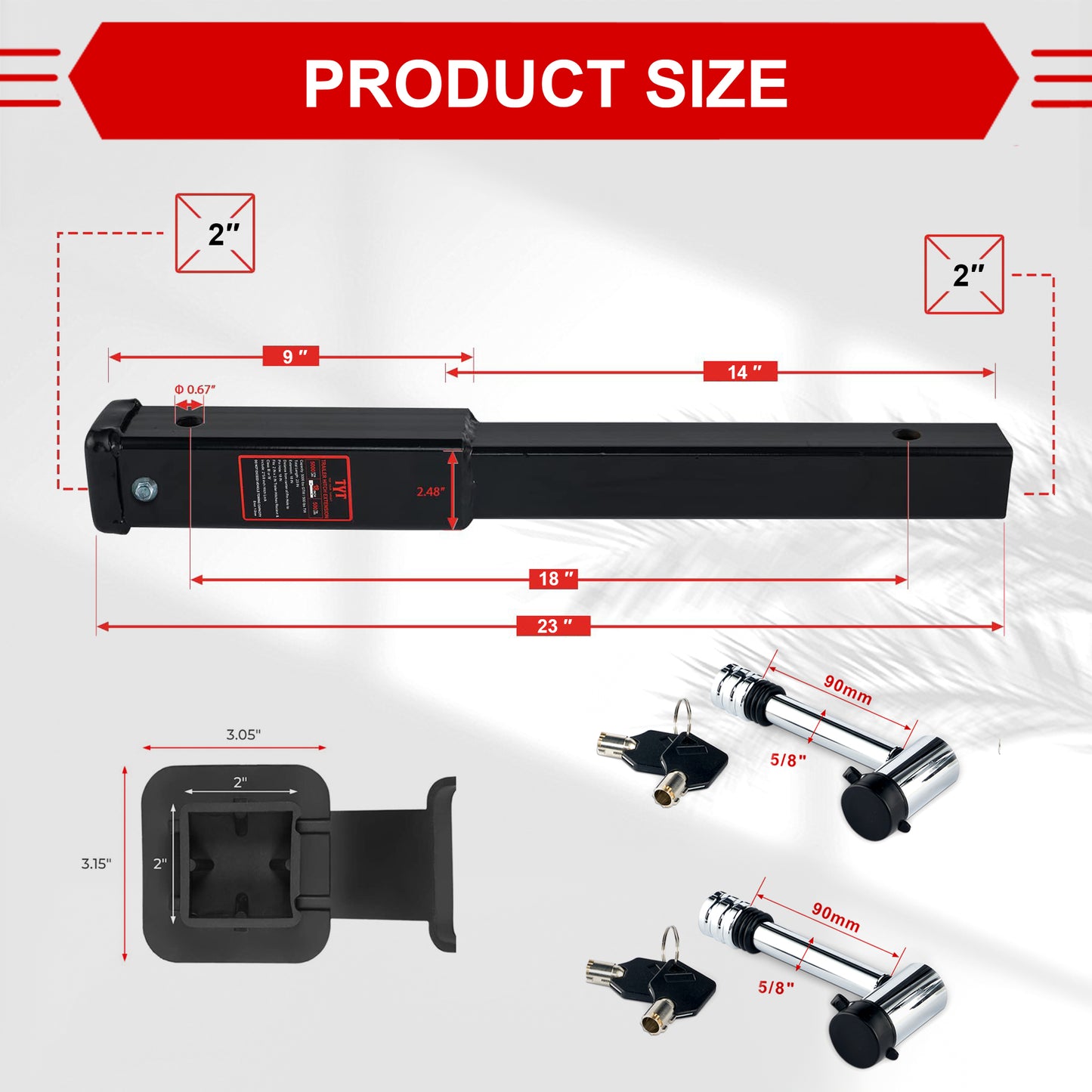 TYT Trailer Hitch Extension 18" inch for 2-inch Receiver, 5000 lbs GTW / 500 lbs TW