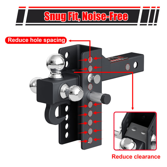 TYT Tri-Ball Mount Adjustable Trailer Hitch with Tow Hook, Fits 2-Inch Receiver, 4.5-Inch Rise/Drop, 1-7/8", 2", & 2-5/16" Balls - TYT4WD