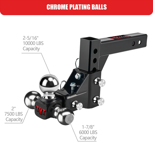 TYT Adjustable Trailer Hitch Towing Ball Mount, Tri-Ball (1-7/8" X 2" X 2-5/16"), Fits 2" Receiver, 5" Rise/Drop Hitch, 10,000 LBS GTW, Tow Hitch for Heavy Duty Truck, Solid Ball Mount - TYT4WD