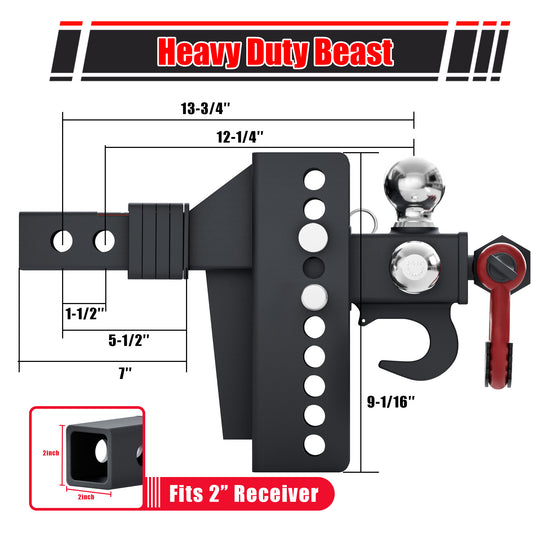 TYT Adjustable Trailer Hitch Tri Ball Mount with Swivel Shackle and Tow Hook, Fits 2 inch Receiver, 1-7/8" & 2" &2-5/16" Ball - TYT4WD