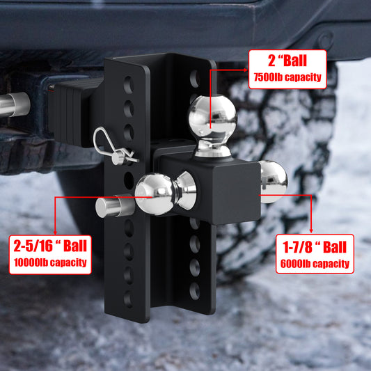 TYT Anti-Rattle Adjustable Trailer Hitch Tri-Ball Mount, Fits 2" Receiver, 4-1/2" Rise/Drop, 1-7/8"&2"&2-5/16" Ball, Heavy Duty Towing 10000lbs GTW - TYT4WD