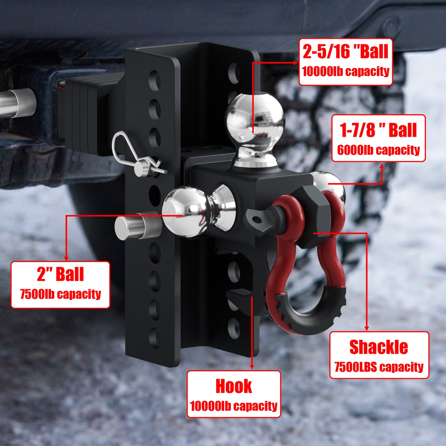TYT Adjustable Trailer Hitch Tri Ball Mount with Swivel Shackle and Tow Hook, Fits 2 inch Receiver, 1-7/8" & 2" &2-5/16" Ball - TYT4WD