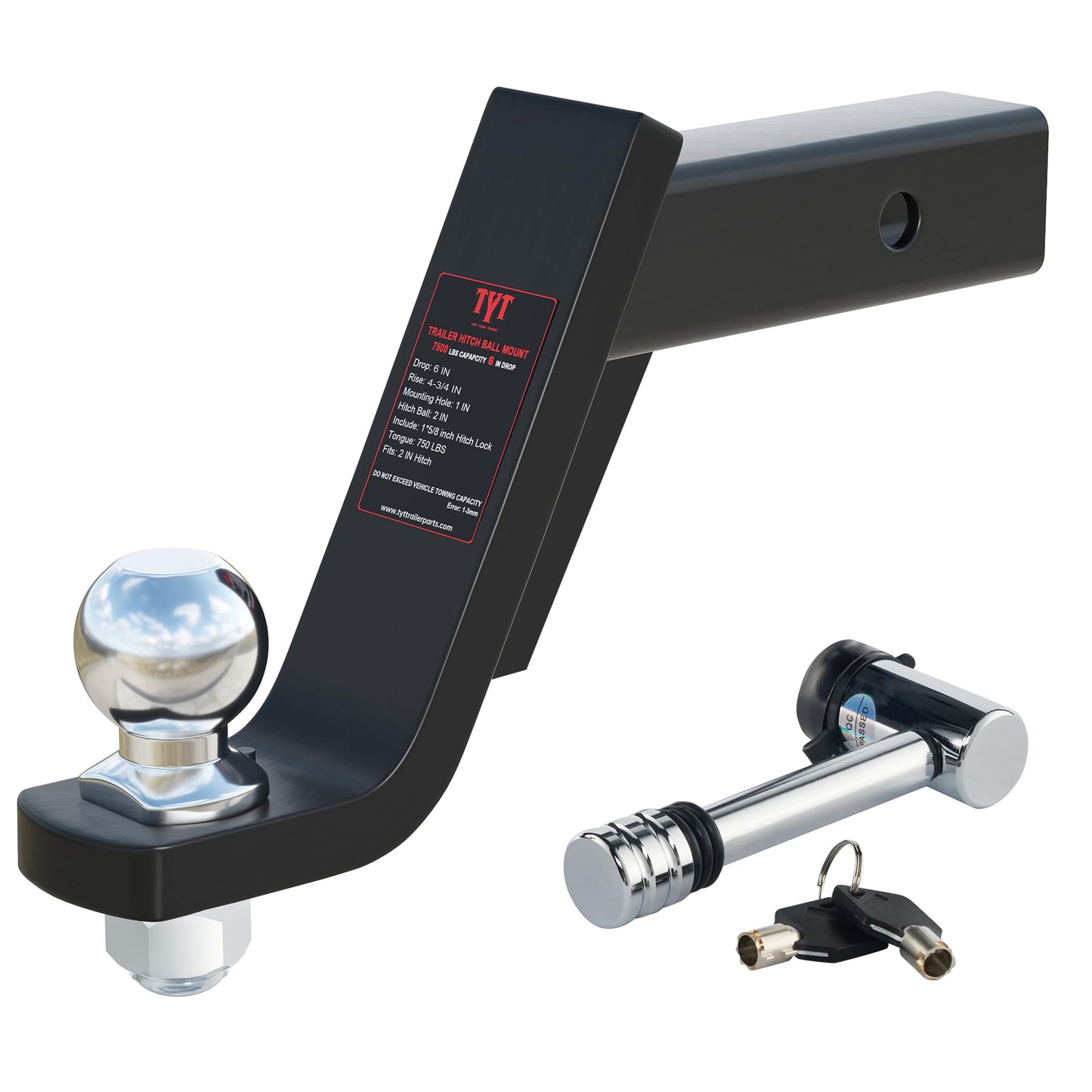 TYT Trailer Hitch Mount with 2" Ball,6000 lbs,6" Drop,4-3/4" Rise,Free Advanced Hitch Lock, Solid Steel Towing,Fits 2" Receiver, 2" Chrome Ball Head - TYT4WD