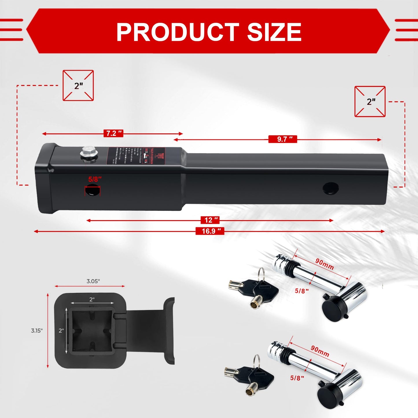 TYT 12" Trailer Hitch Extension for 2" Receiver Tube Extender, Tube Extension Receiver with 2 Sets of 5/8" Premium Hitch Pin Lock, 4000 lbs GTW / 400 lbs TW - TYT4WD
