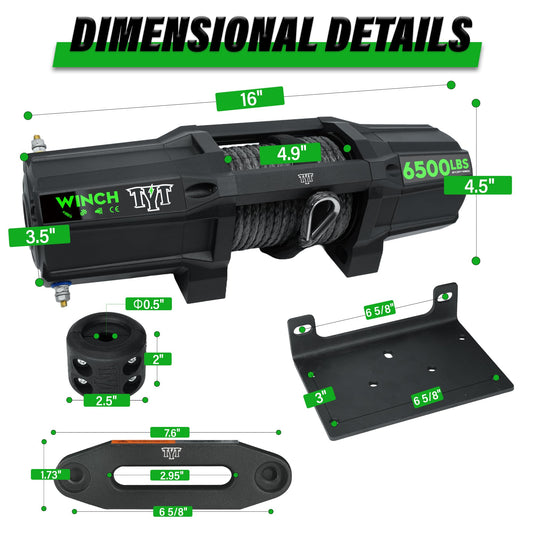 TYT 6500 lb UTV Winch Kit with 1/4" x 50FT Synthetic Rope,12 Volt DC Electric Trailer Winch with Wireless Remote - TYT4WD
