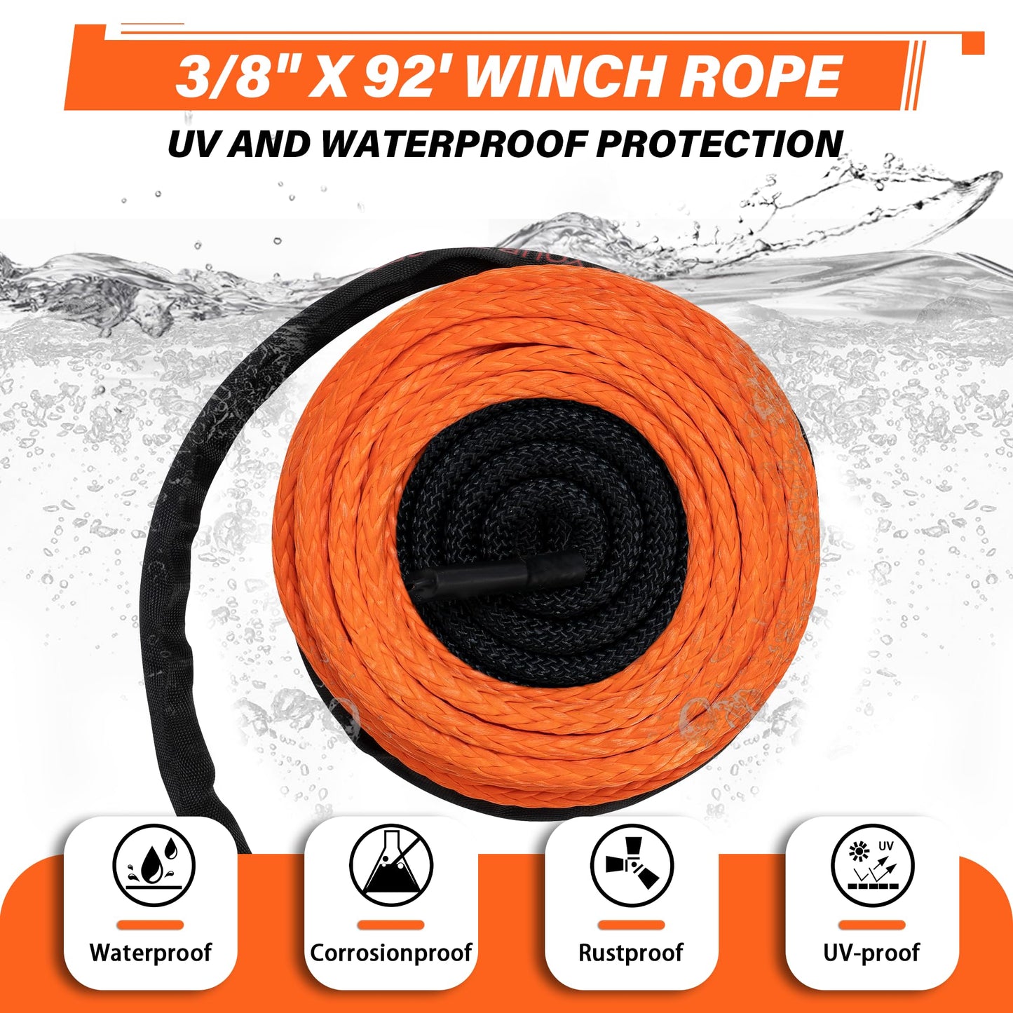 TYT Synthetic Winch Rope 3/8" X 92' with Hook, 27000LBS Synthentic Winch Cable Kit with Protective Sleeve for 4WD Off Road Vehicle Truck SUV Jeep (Orange) - TYT4WD