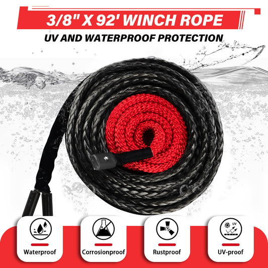 TYT Synthetic Winch Rope Kit - 3/8" x 92' with 27000 lbs Strength, Protective Sleeve, Heavy Duty Hook and Safety Pull Strap for Off-Road 4x4 Vehicles (Black) - TYT4WD