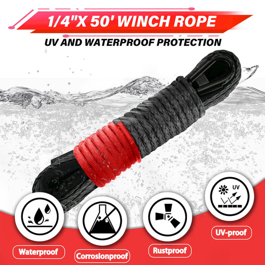 TYT Off-Road Winch Rope Kit - 1/4''x50', 10000 Lbs Black Synthetic Cable with Protective Sheath, Heavy-Duty Hook, Safety Pull Strap & Rubber Stopper Ideal for 4WD ATV UTV Vehicles, Grey, (JPS1450IG) - TYT4WD