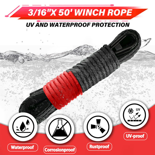 TYT Off-Road Winch Rope Kit - 3/16''x50', 8500 Lbs Black Synthetic Cable with Protective Sheath, Heavy-Duty Hook, Safety Pull Strap & Rubber Stopper Ideal for 4WD ATV UTV Vehicles, Grey, (JPS3650IG) - TYT4WD