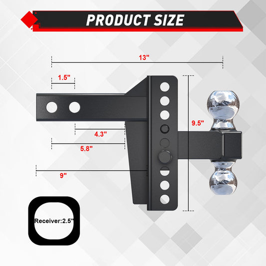 TYT Adjustable Truck Trailer Hitch for 2.5 inch Receiver, 6" Drop/Rise Tow Hitch with Dual Balls (2" & 2-5/16"),Includes Two Pin Locks & Hitch Tightener - TYT4WD