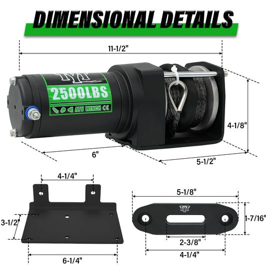 TYT 2500 lb ATV Winch with 1/5" x 32FT Synthetic Rope,12V DC Electric Winch with Wired Remote Control - TYT4WD