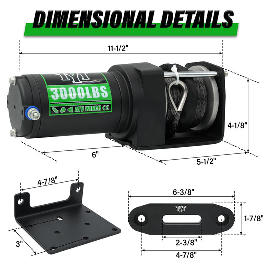 TYT 3000 lb ATV Winch, 12V DC Electric Winch with Wireless Remote and Wired Switch, 1/5"x 32FT Synthetic Winch Rope with Fairlead and Winch Mounting Plate - TYT4WD
