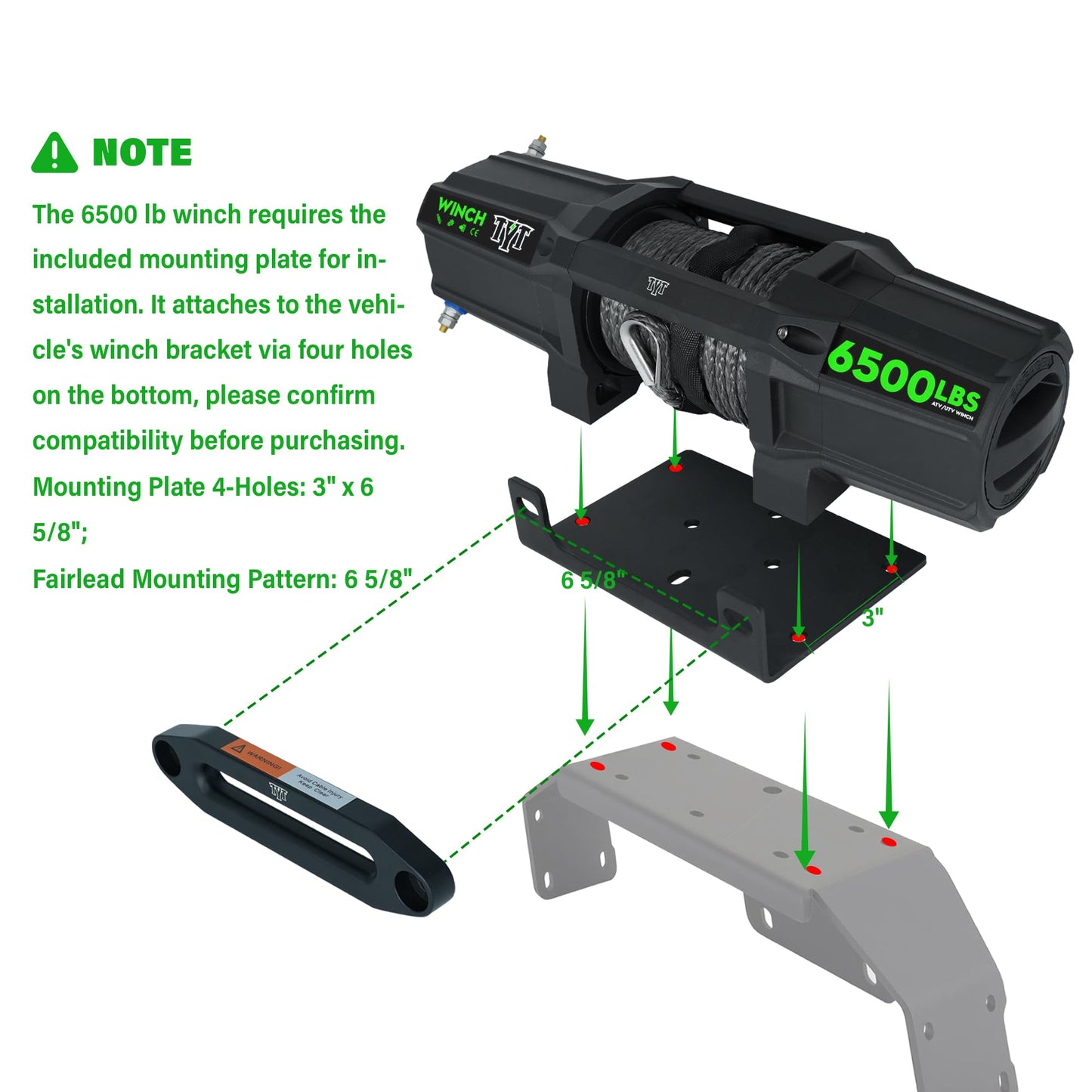 TYT 6500 lb UTV Winch Kit with 1/4" x 50FT Synthetic Rope,12 Volt DC Electric Trailer Winch with Wireless Remote - TYT4WD