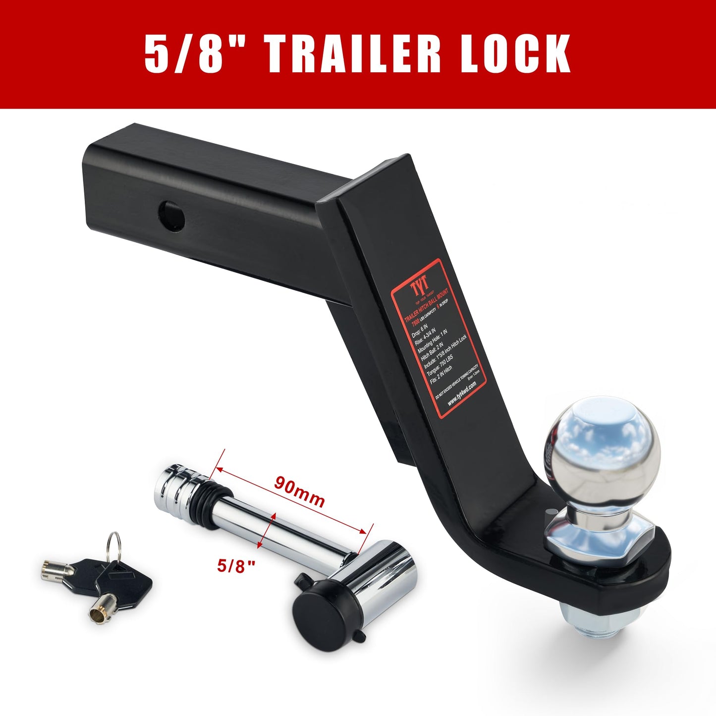 TYT Trailer Hitch Mount with 2" Ball,6000 lbs,6" Drop,4-3/4" Rise,Free Advanced Hitch Lock, Solid Steel Towing,Fits 2" Receiver, 2" Chrome Ball Head - TYT4WD
