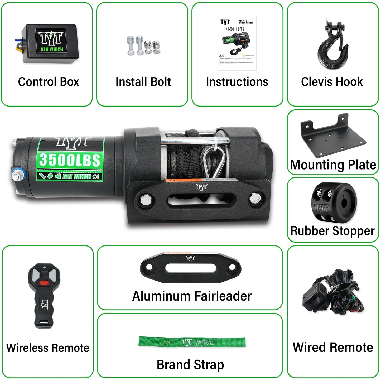 TYT 3500 lb ATV Winch with 7/32"x 30FT Synthetic Rope, 12V DC Electric Winch with Wireless Remote - TYT4WD