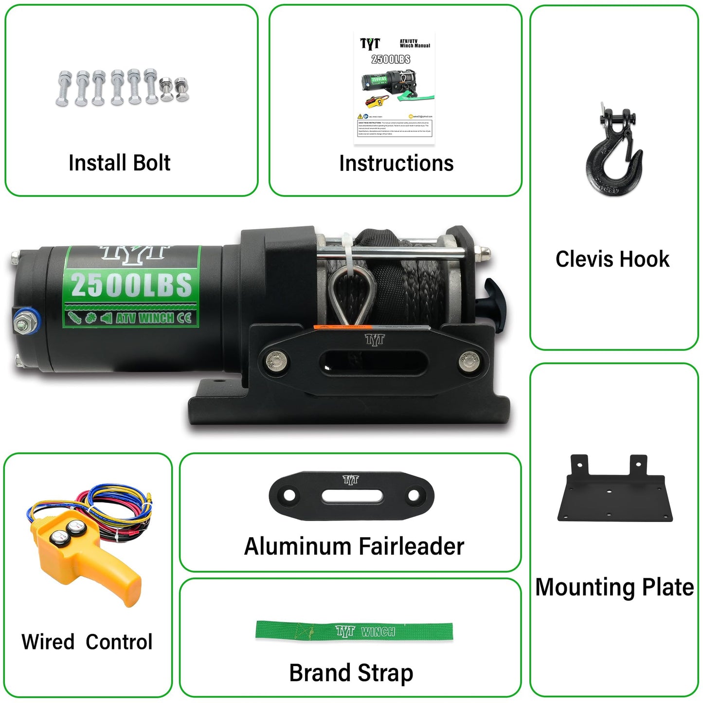 TYT 2500 lb ATV Winch with 1/5" x 32FT Synthetic Rope,12V DC Electric Winch with Wired Remote Control - TYT4WD