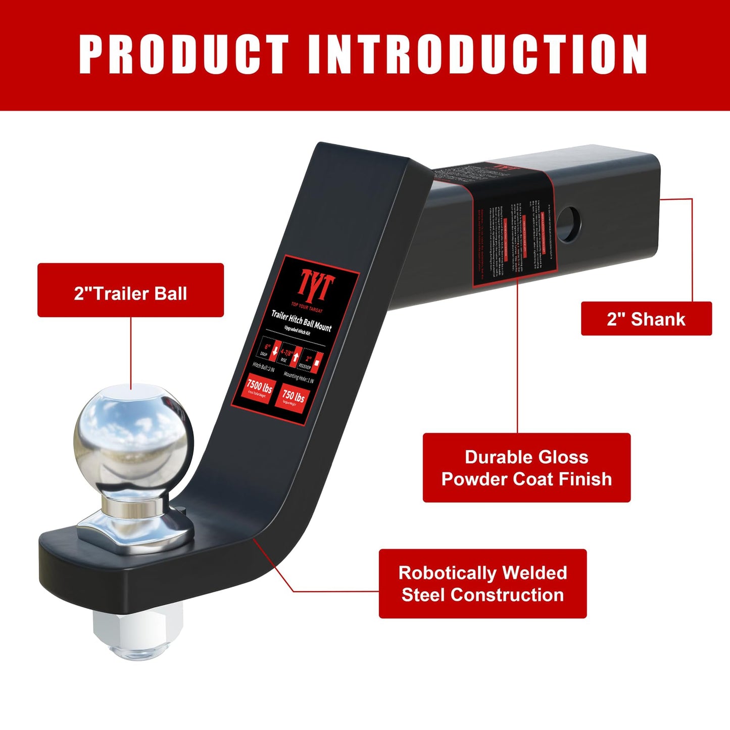 TYT Trailer Hitch Mount with 2" Ball,Free Advanced Hitch Pin, 4" Drop,Forged Solid Steel Towing Fits 2" Receiver, 2" Chrome Ball Head, 7,500 lbs, Black - TYT4WD