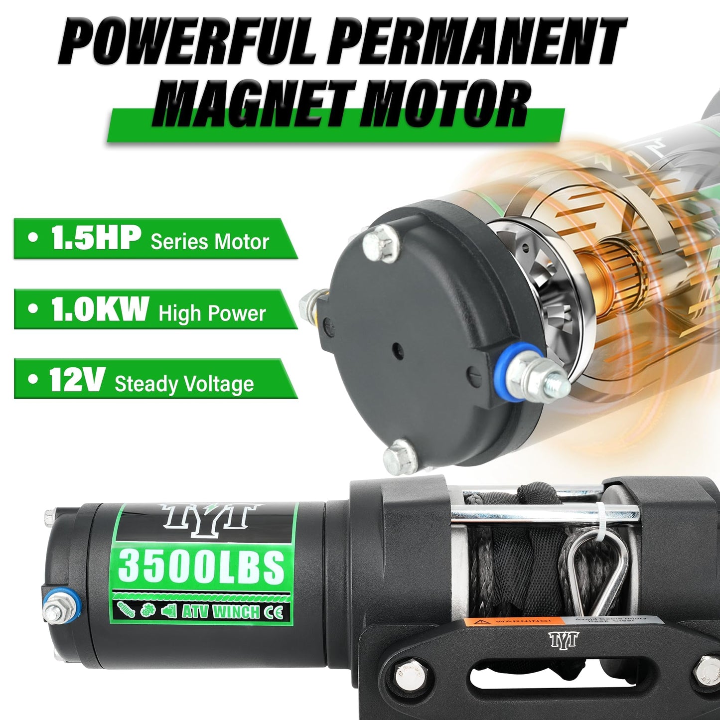 TYT 3500 lb ATV Winch with 7/32"x 30FT Synthetic Rope, 12V DC Electric Winch with Wireless Remote - TYT4WD