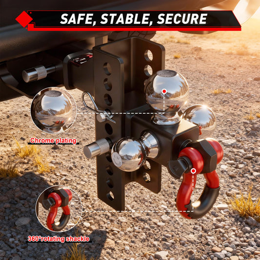 TYT Adjustable Tri-Ball Trailer Hitch for 2 inch Receiver, 4.5" Drop/Rise, Triple Balls (1-7/8", 2", 2-5/16") with Shackle,Pin Lock & Hitch Tightener - TYT4WD