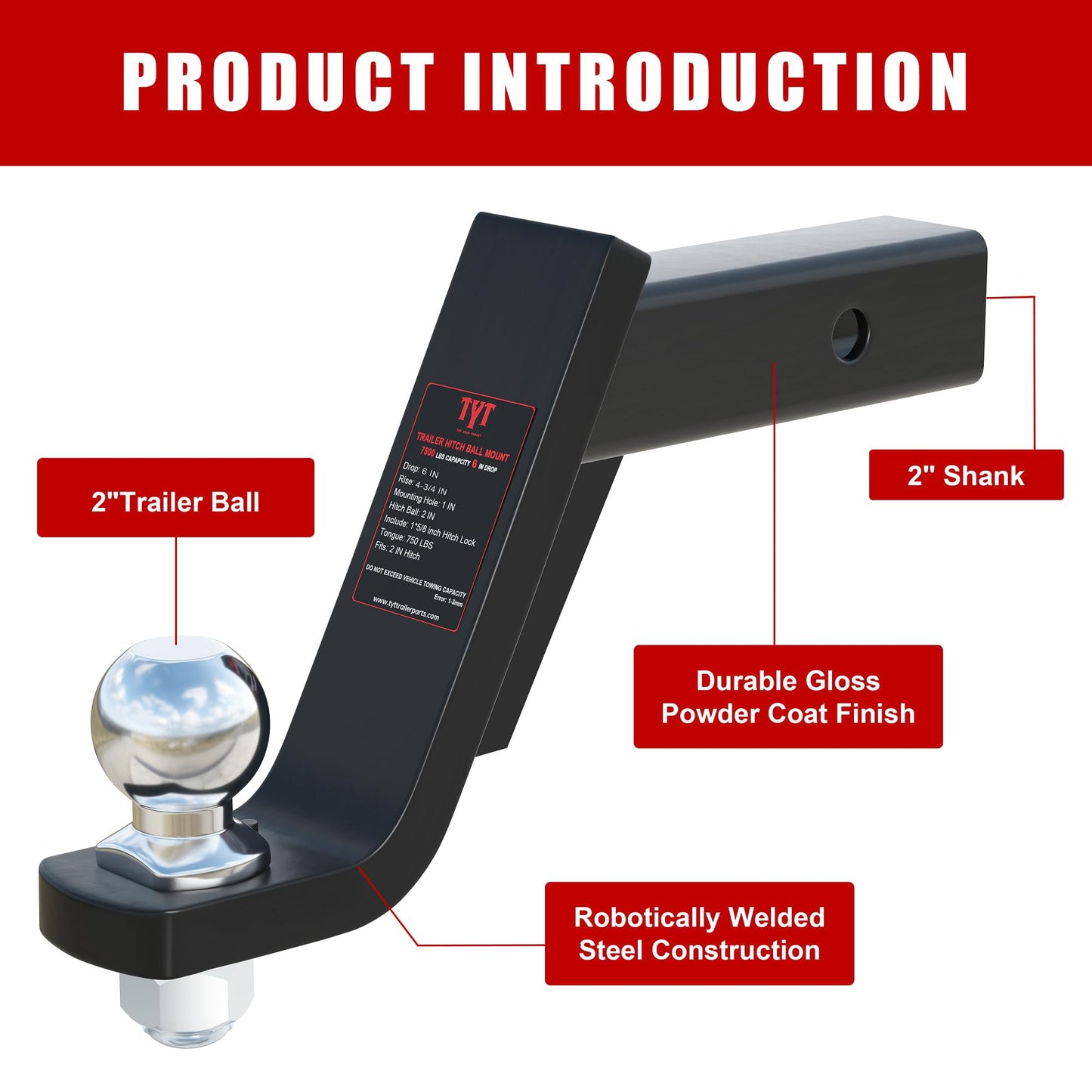 TYT Trailer Hitch Mount with 2" Ball,6000 lbs,6" Drop,4-3/4" Rise,Free Advanced Hitch Lock, Solid Steel Towing,Fits 2" Receiver, 2" Chrome Ball Head - TYT4WD