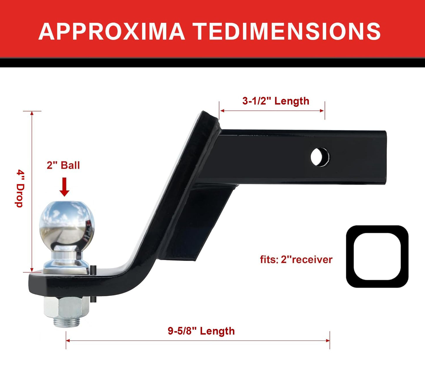 TYT Trailer Hitch Mount with 2" Ball,Free Advanced Hitch Pin, 4" Drop,Forged Solid Steel Towing Fits 2" Receiver, 2" Chrome Ball Head, 7,500 lbs, Black - TYT4WD