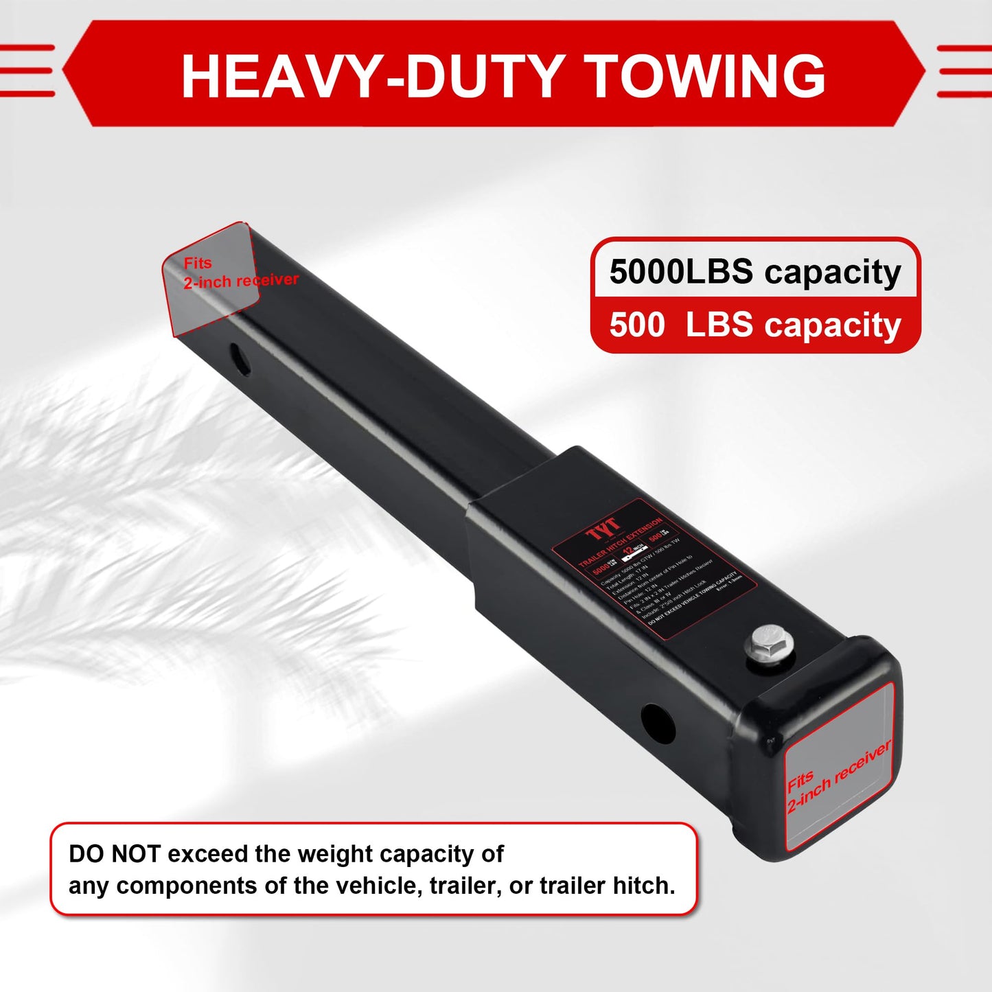 TYT 12" Trailer Hitch Extension for 2" Receiver Tube Extender, Tube Extension Receiver with 2 Sets of 5/8" Premium Hitch Pin Lock, 4000 lbs GTW / 400 lbs TW - TYT4WD