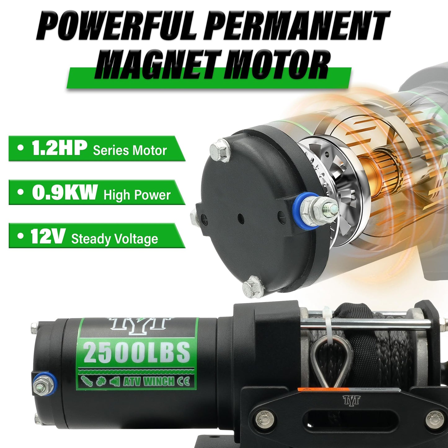TYT 2500 lb ATV Winch with 1/5" x 32FT Synthetic Rope,12V DC Electric Winch with Wired Remote Control - TYT4WD