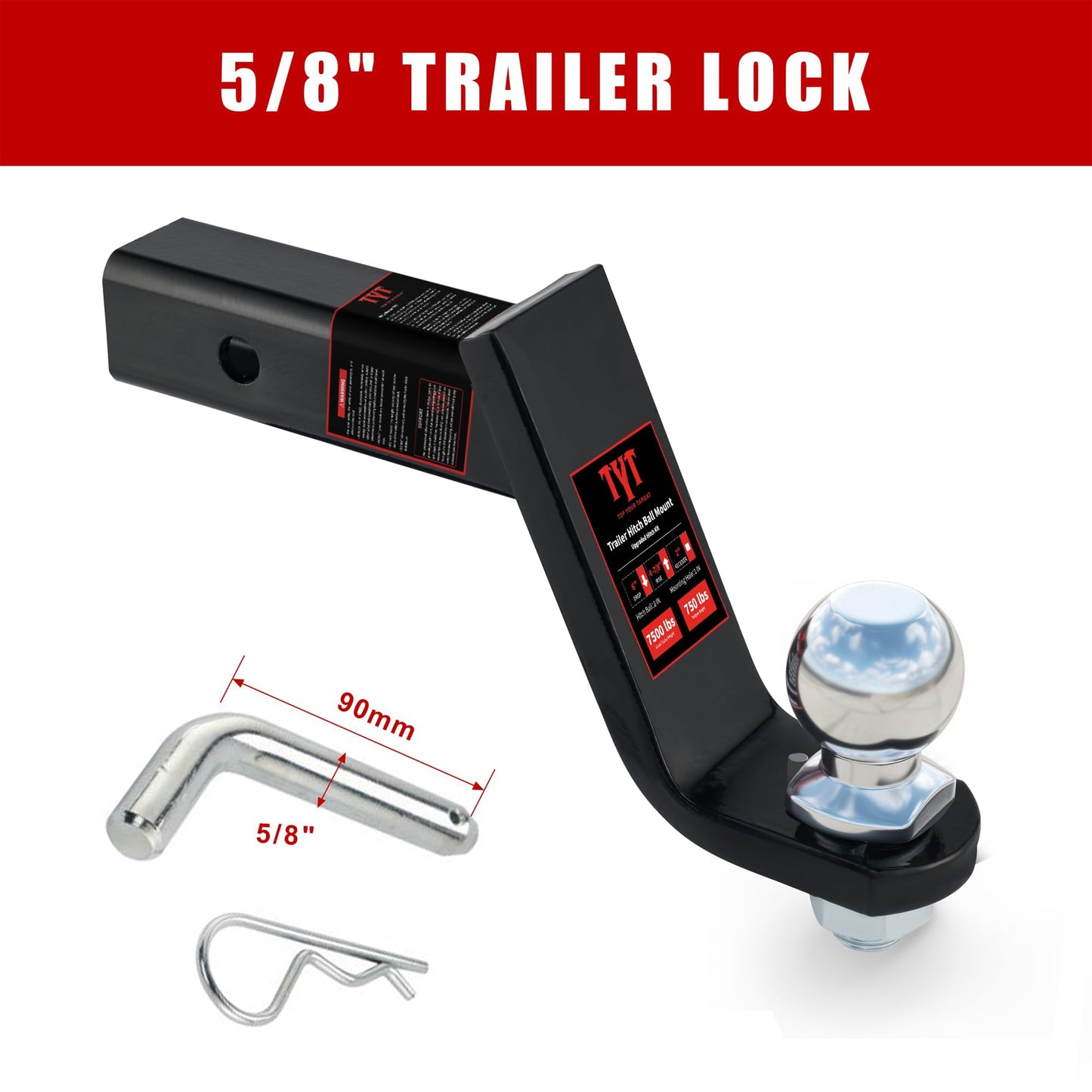 TYT Trailer Hitch Mount with 2" Ball,Free Advanced Hitch Pin, 4" Drop,Forged Solid Steel Towing Fits 2" Receiver, 2" Chrome Ball Head, 7,500 lbs, Black - TYT4WD