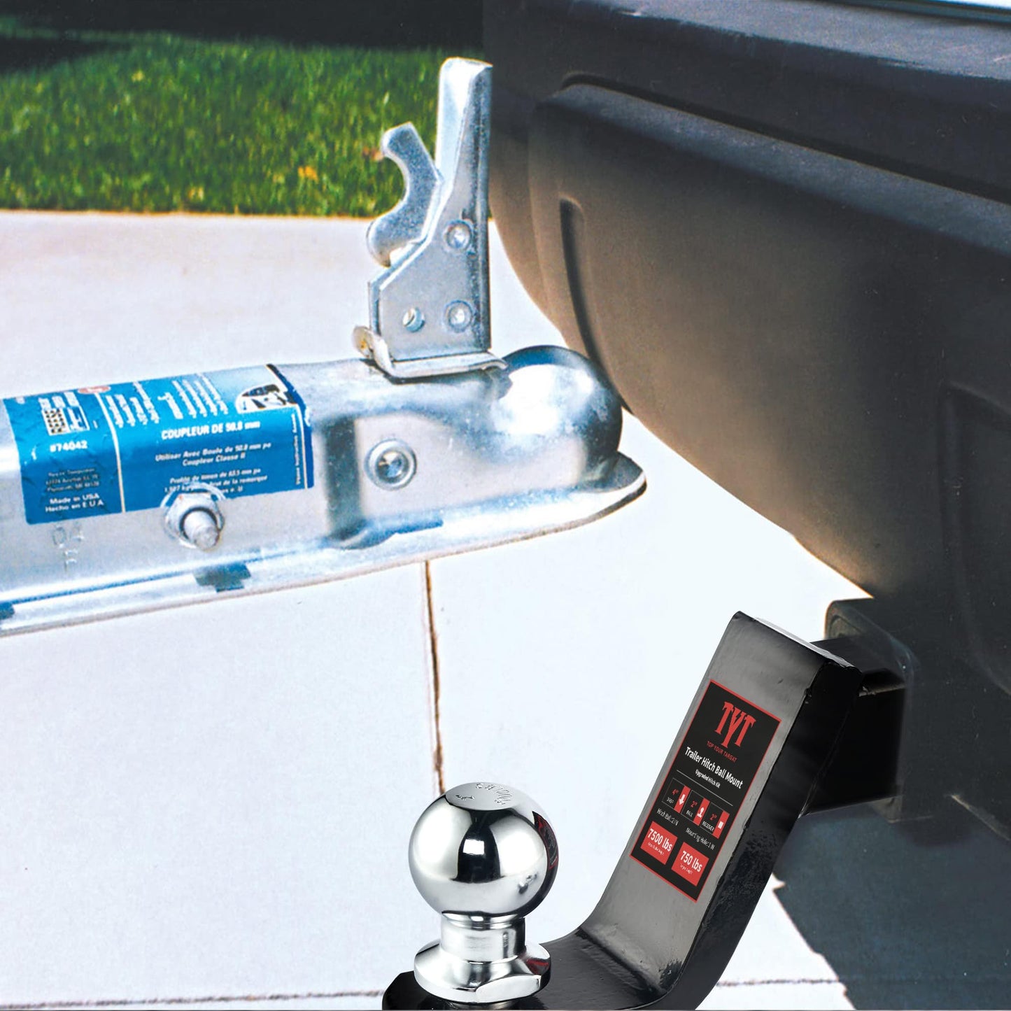 TYT Trailer Hitch Mount with 2" Ball,Free Advanced Hitch Pin, 4" Drop,Forged Solid Steel Towing Fits 2" Receiver, 2" Chrome Ball Head, 7,500 lbs, Black - TYT4WD