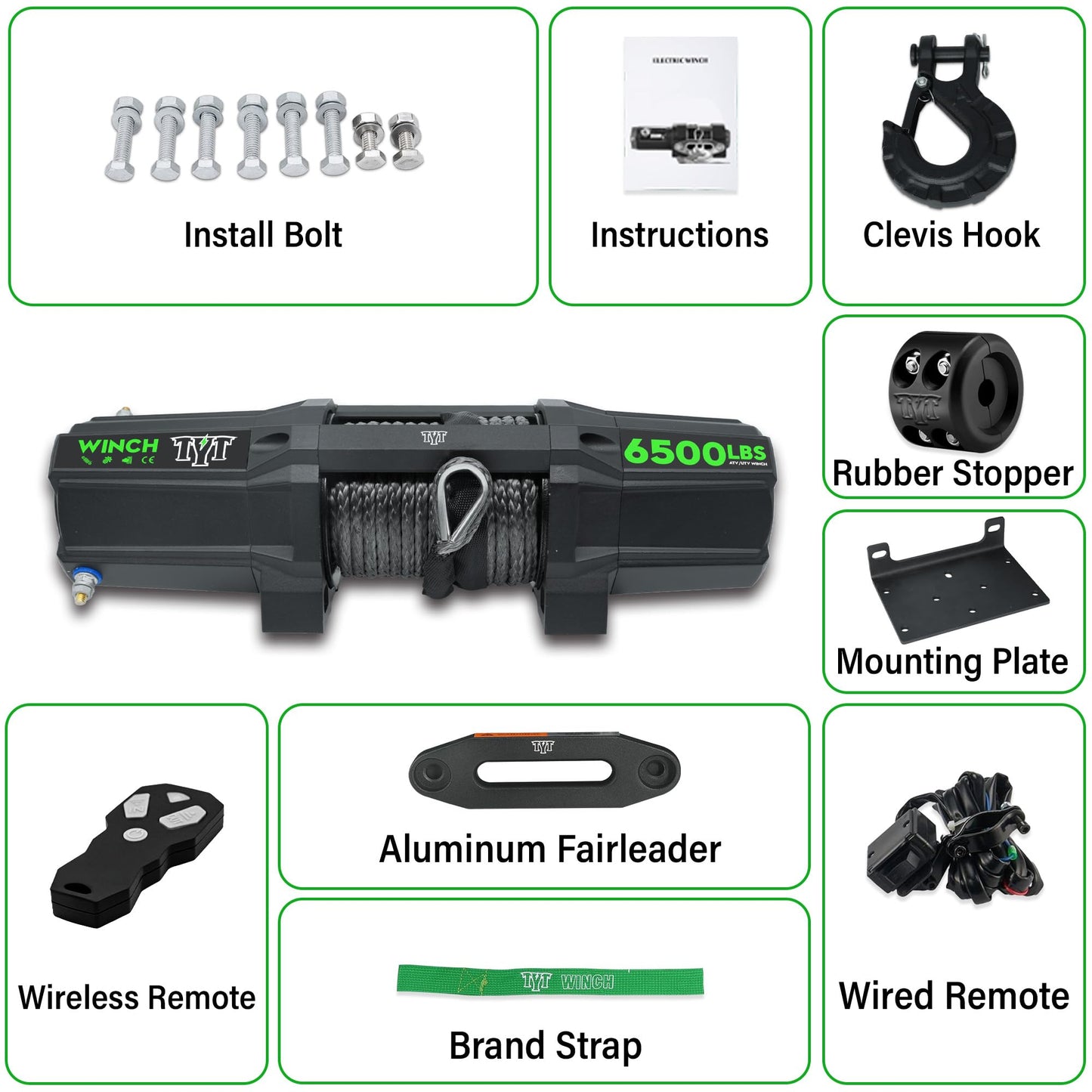 TYT 6500 lb UTV Winch Kit with 1/4" x 50FT Synthetic Rope,12 Volt DC Electric Trailer Winch with Wireless Remote - TYT4WD