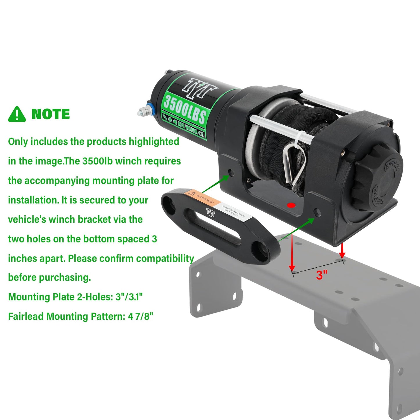 TYT 3500 lb ATV Winch with 7/32"x 30FT Synthetic Rope, 12V DC Electric Winch with Wireless Remote - TYT4WD