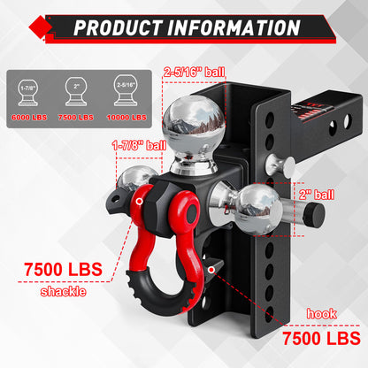 TYT Adjustable Tri-Ball Trailer Hitch for 2 inch Receiver, 4.5" Drop/Rise, Triple Balls (1-7/8", 2", 2-5/16") with Tow Hook & Shackle, 10,000 lbs GTW, 1,000 lbs TW, Pin Lock & Hitch Tightener - TYT4WD