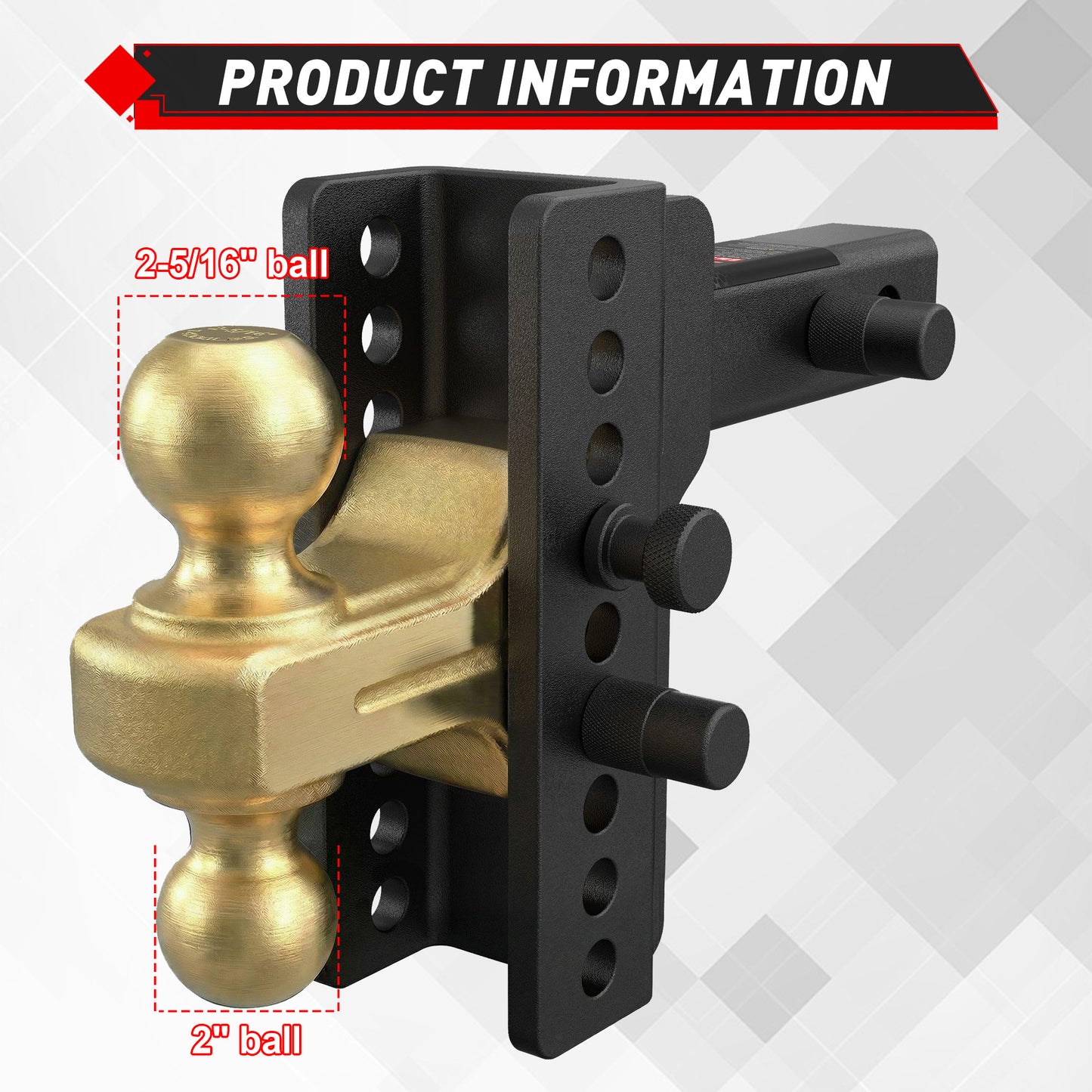TYT Adjustable Truck Trailer Hitch for 2.5 inch Receiver, 6" Drop/Rise Tow Hitch with Dual Balls (2" & 2-5/16")(Gold),Includes Two Pin Locks & Hitch Tightener - TYT4WD