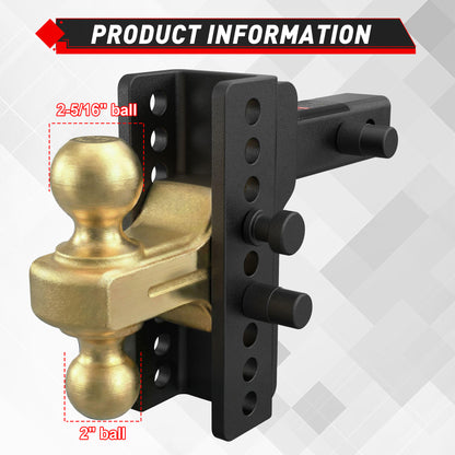 TYT Adjustable Truck Trailer Hitch for 2.5 inch Receiver, 6" Drop/Rise Tow Hitch with Dual Balls (2" & 2-5/16")(Gold),Includes Two Pin Locks & Hitch Tightener - TYT4WD