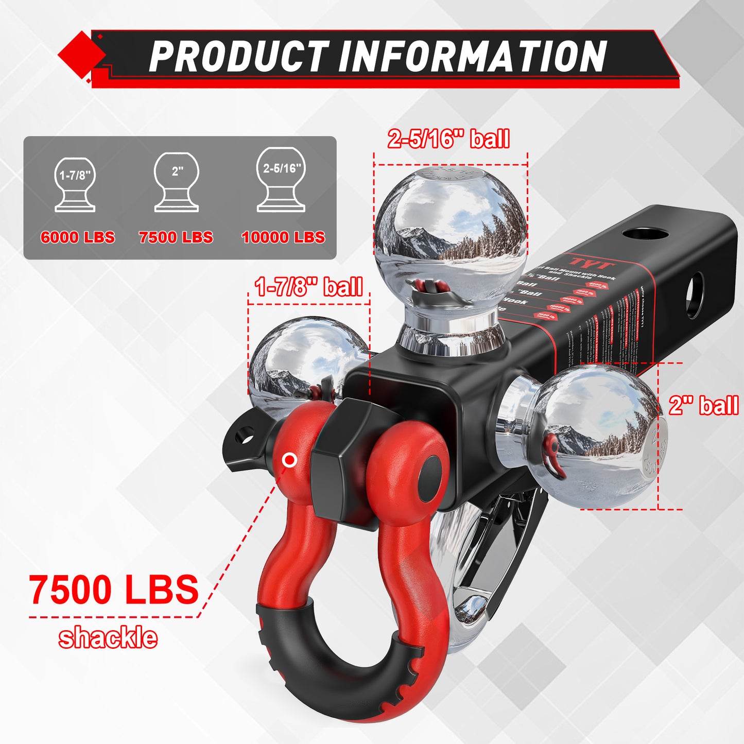 TYT Tri Ball Mount Trailer Hitch with Tow Hook & Shackle