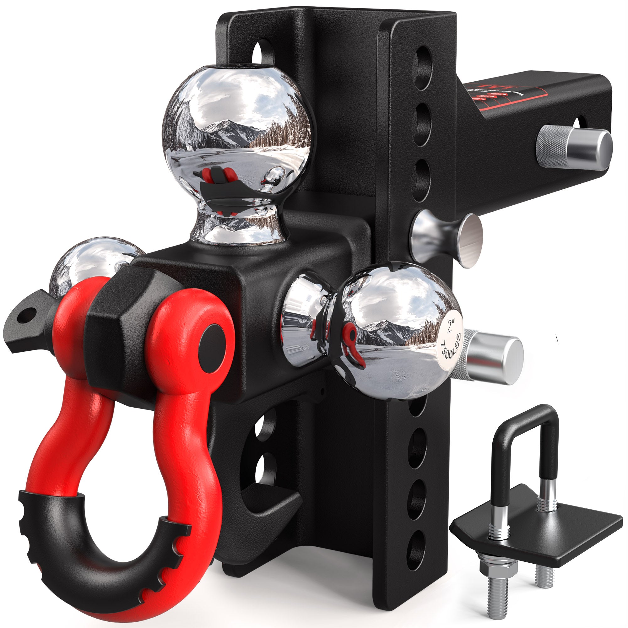 TYT Adjustable Tri-Ball Trailer Hitch for 2 inch Receiver, 4.5" Drop/Rise, Triple Balls (1-7/8", 2", 2-5/16") with Tow Hook & Shackle, 10,000 lbs GTW, 1,000 lbs TW, Pin Lock & Hitch Tightener