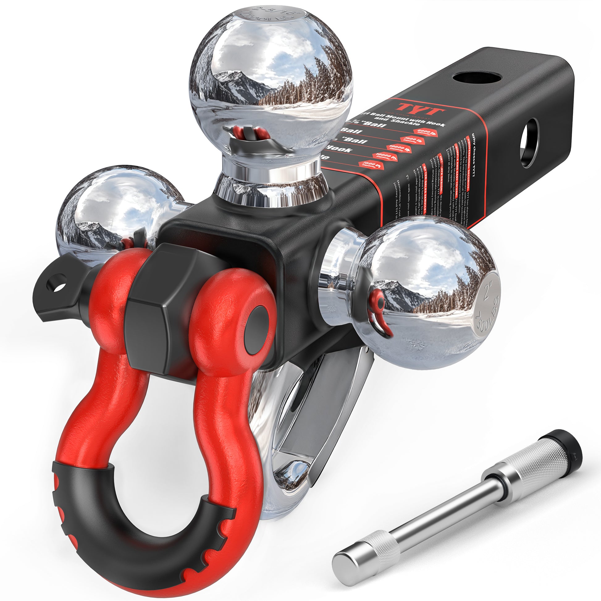 TYT Tri Ball Mount Trailer Hitch with Tow Hook & Shackle - TYT4WD