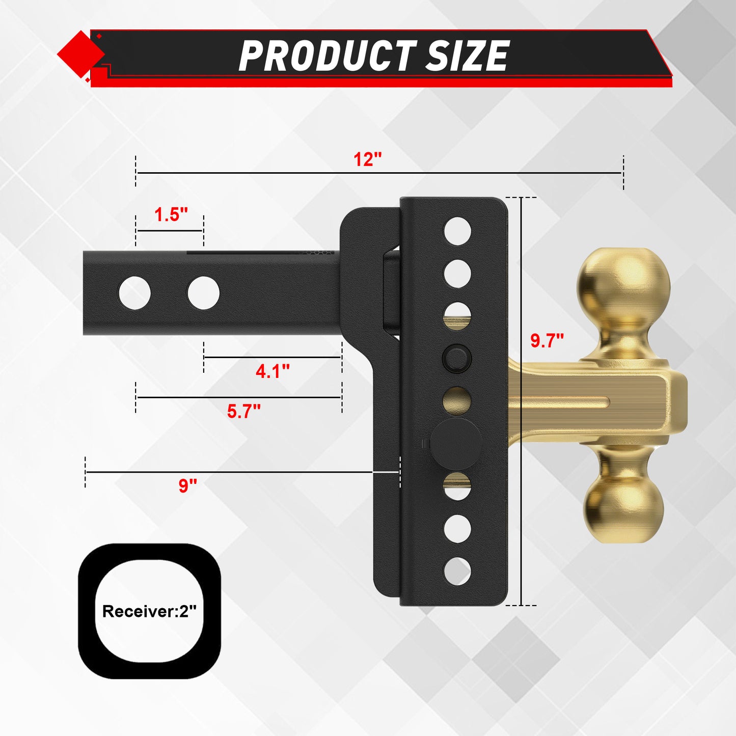 TYT Adjustable Truck Trailer Hitch for 2 inch Receiver, 6" Drop/Rise Tow Hitch with Dual Balls (2" & 2-5/16")(Gold),Includes Two Pin Locks & Hitch Tightener - TYT4WD
