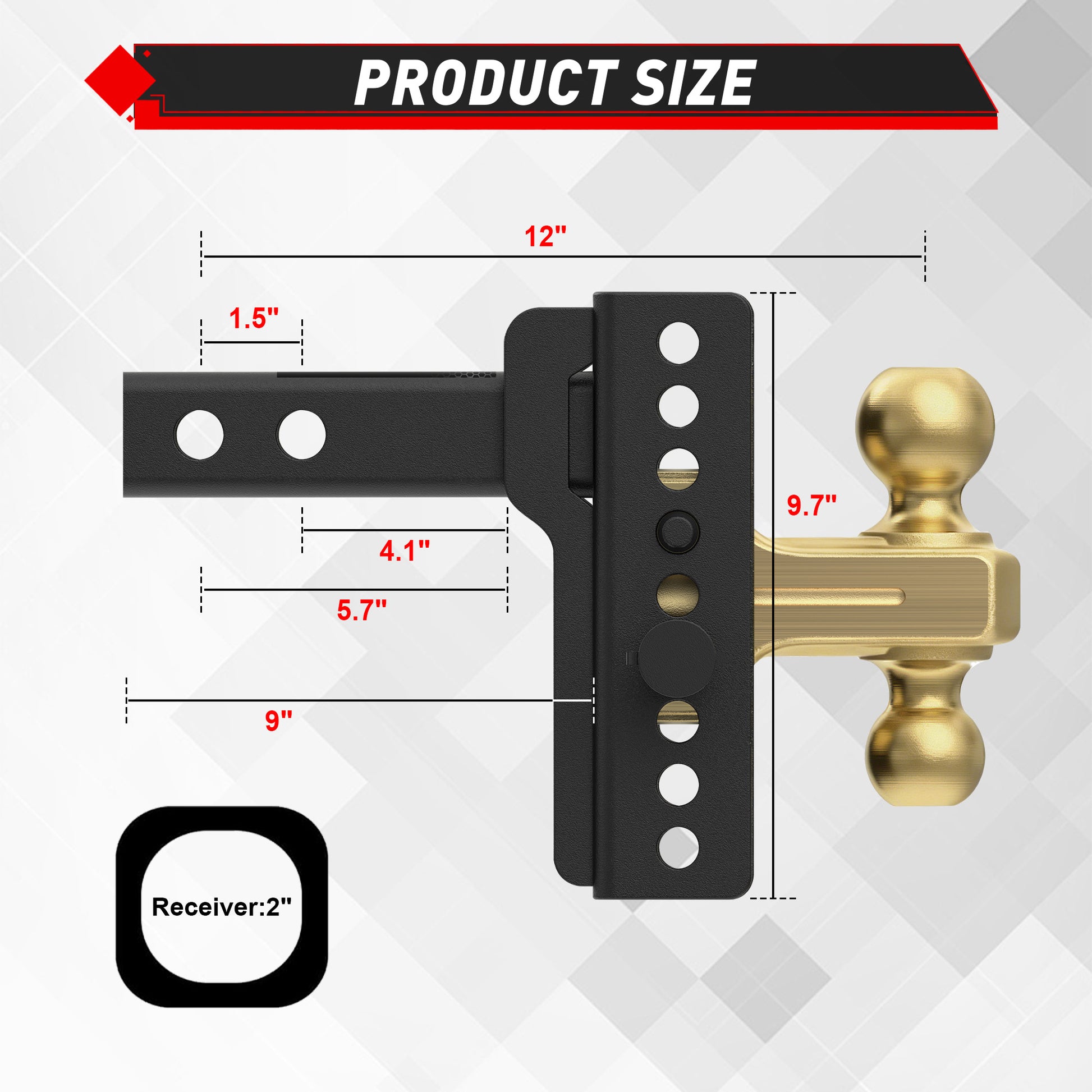 TYT Adjustable Truck Trailer Hitch for 2 inch Receiver, 6" Drop/Rise Tow Hitch with Dual Balls (2" & 2-5/16")(Gold),Includes Two Pin Locks & Hitch Tightener - TYT4WD