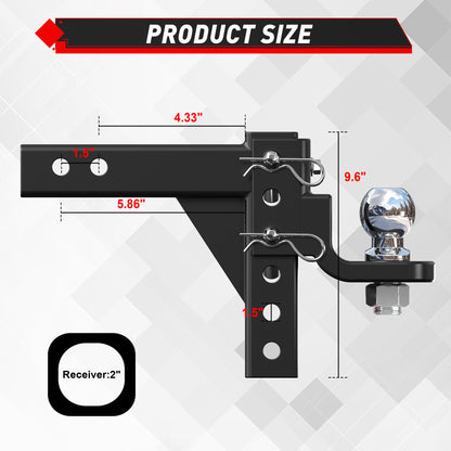Enganche de remolque ajustable TYT, bola de remolque de 2", 7500 lb, caída de 9-1/2" y elevación de 8-1/4", compatible con receptor de 2" con 2 pasadores y clips y bloqueo de pasador premium de 5/8" para camión de servicio pesado