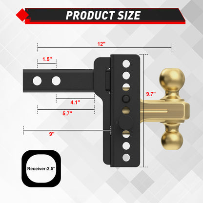 TYT Adjustable Truck Trailer Hitch for 2.5 inch Receiver, 6" Drop/Rise Tow Hitch with Dual Balls (2" & 2-5/16")(Gold),Includes Two Pin Locks & Hitch Tightener - TYT4WD