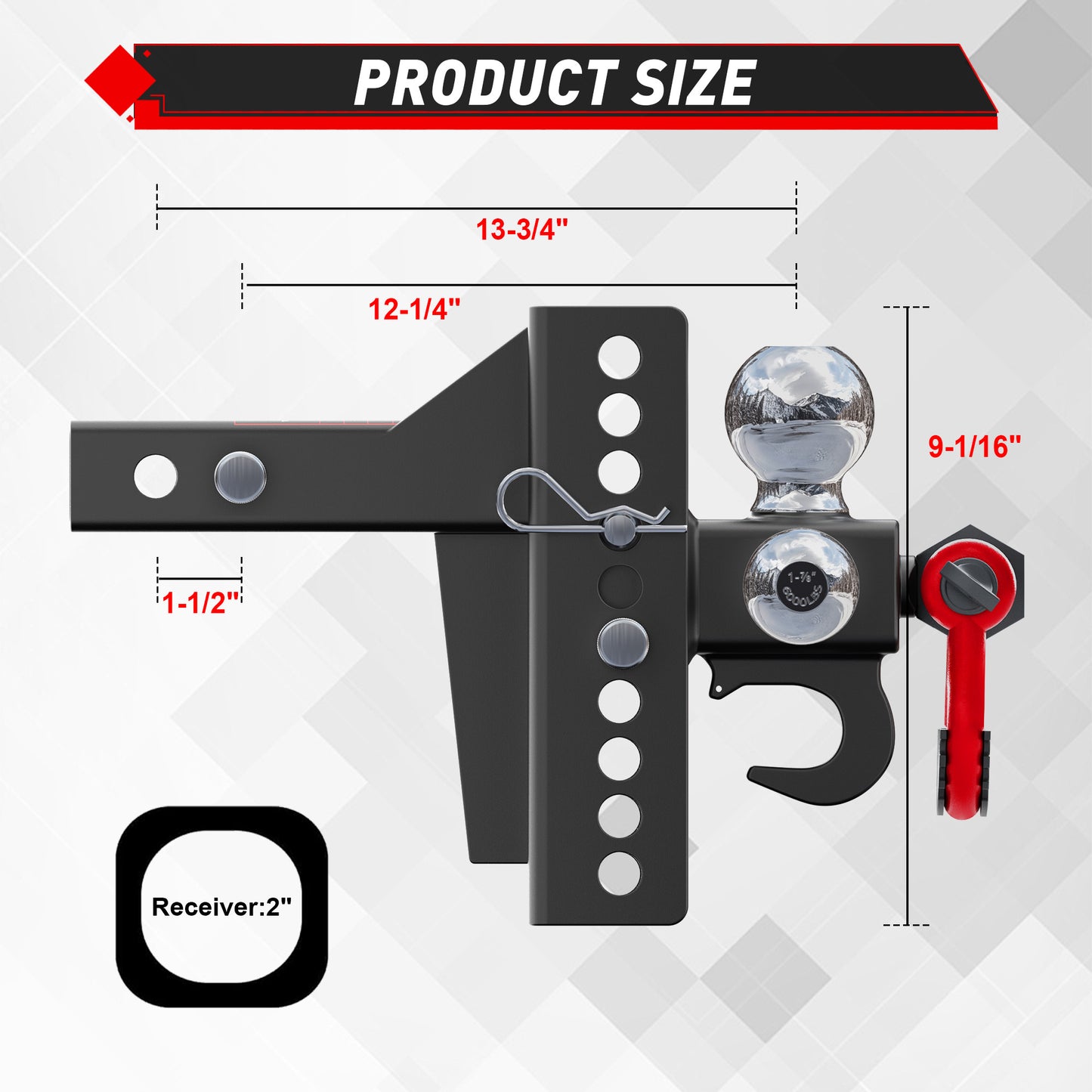 TYT Adjustable Tri-Ball Trailer Hitch for 2 inch Receiver, 4.5" Drop/Rise, Triple Balls (1-7/8", 2", 2-5/16") with Tow Hook & Shackle, 10,000 lbs GTW, 1,000 lbs TW, Pin Lock & Hitch Tightener - TYT4WD