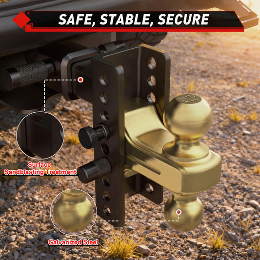 TYT Adjustable Truck Trailer Hitch for 2.5 inch Receiver, 6" Drop/Rise Tow Hitch with Dual Balls (2" & 2-5/16")(Gold),Includes Two Pin Locks & Hitch Tightener - TYT4WD