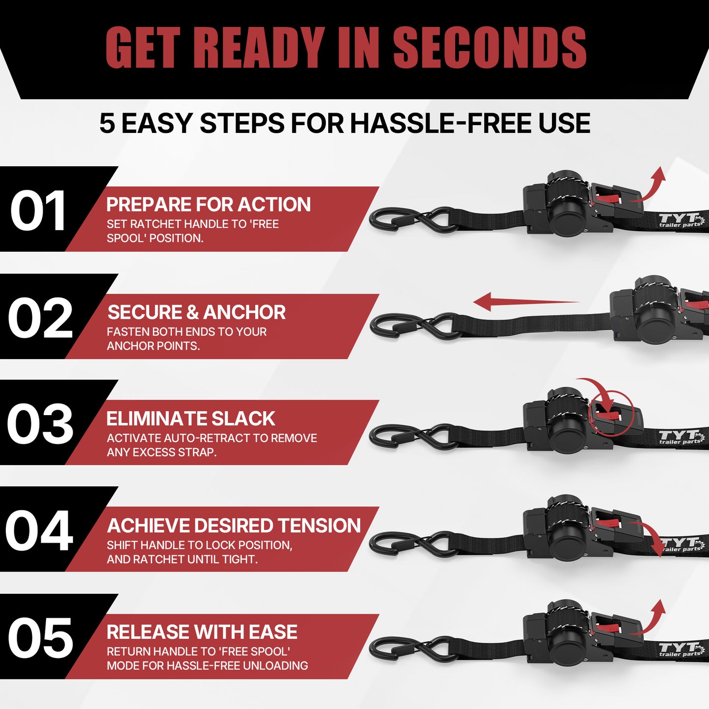 TYT 1" x 10' Retractable Ratchet Straps (4PCS) - TYT4WD