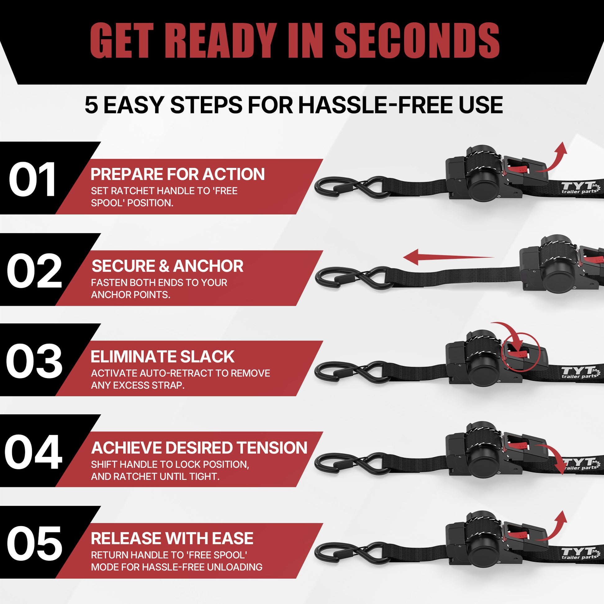 TYT 1" x 10' Retractable Ratchet Straps (4PCS) - TYT4WD