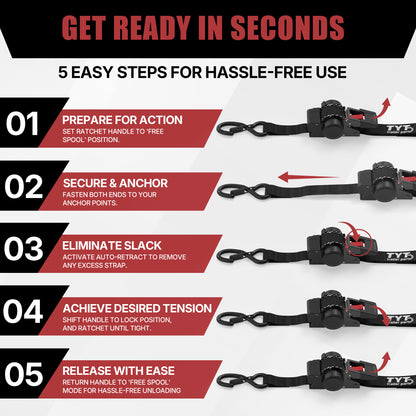 TYT 1" x 10' Retractable Ratchet Straps (4PCS) - TYT4WD